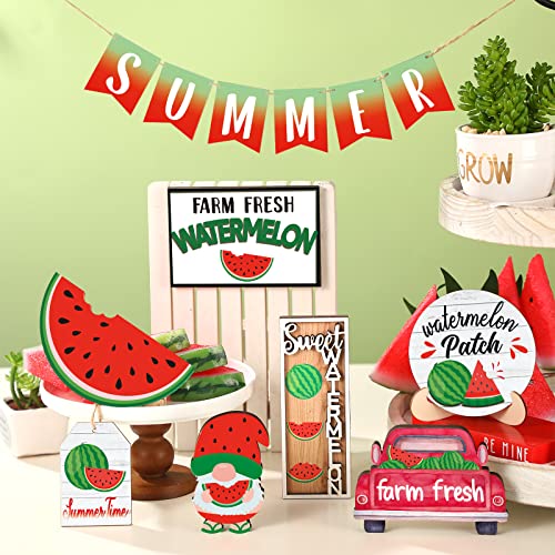 13 Pcs Summer Watermelon Tiered Tray Decor Set Farmhouse Wood Summer Wood Sign Hawaii Tiered Tray Decorations Tabletop Rustic Wooden Red Gnome Table Signs for Home Kitchen Table Decoration - style: Watermelon