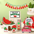 13 Pcs Summer Watermelon Tiered Tray Decor Set Farmhouse Wood Summer Wood Sign Hawaii Tiered Tray Decorations Tabletop Rustic Wooden Red Gnome Table Signs for Home Kitchen Table Decoration - style: Watermelon