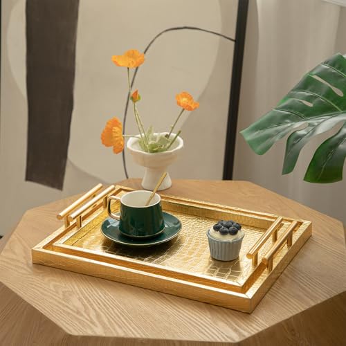 Set of 2 Modern Elegant Large Wood Serving Tray, Rectangle Decorative Tray Ottoman Tay Coffee Table Tray, Gold Crocodile Leather with Gold Polished Metal Handles - style: Golden Crocodile Tray