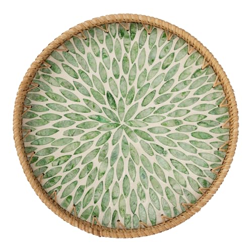 StorageWorks Decorative Coffee Table Trays for Home Decor, Round Rattan Tray with Mother of Pearl Inlay, Small Wicker Woven Serving Tray Decor for Kitchen Counter, Living Room and Ottoman, Green - color: Green Leaf, size: 11.8"