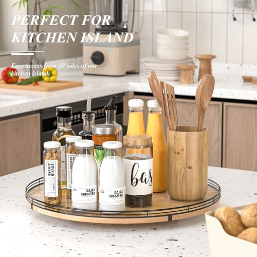 21" Lazy Susan Oak Wood Turntable Organizer for Cabinet, Farmhouse Round Wooden Large Lazy Susan Organization and Storage for Dining Table, Pantry, Kitchen, Countertop, Cupboard, Home Decor - color: Brown & Black, size: 21 inches