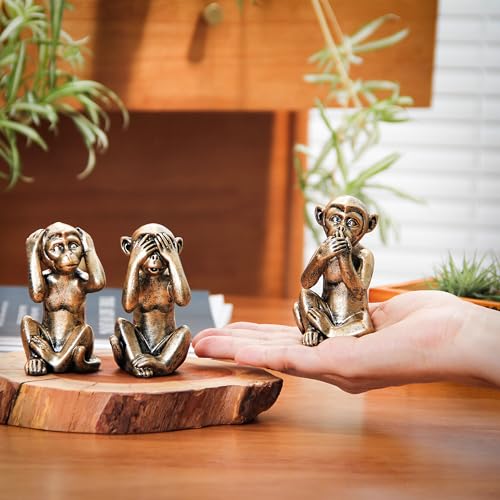Leekung 3 Wise Monkeys Statue for Home Decor Accents,Hear no Evil See no Evil Speak no Evil Figurine for Living Room Boho Desk Gold Modern Table Decor,Monkey Gift Shelf Decor Accents Antique Bronze - color: Gold