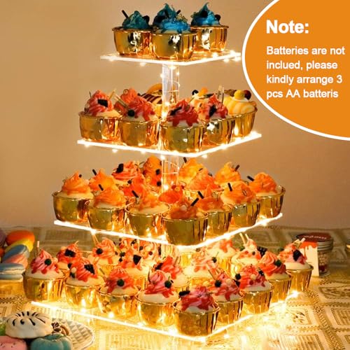 YestBuy 4 Tier Cupcake Stand Acrylic Tower Display with LED Light Premium Holder Dessert Tree Tower for Birthday Cady Bar Décor Weddings, Parties Events (Yellow Light) - color: Yellow, size: 4 tier