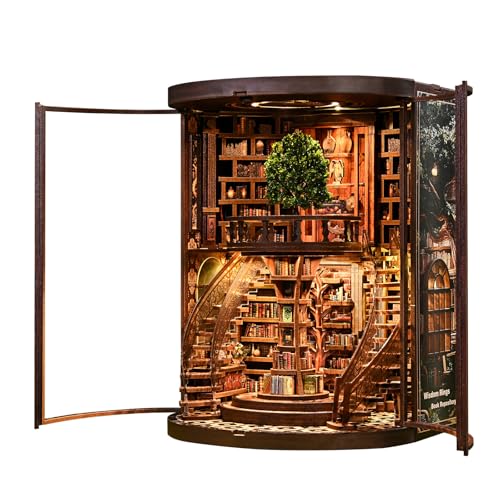 Book Nook Kit - Wisdom Rings Book Archive - Wooden Bookend and 3D Puzzle with LED Light, DIY Set for Adults, Bookshelf Decoration Diorama Kit, for Birthdays