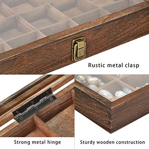 MOOCA Wooden Jewelry Display and Beads Display Storage Case with Tempered Glass Lid , 18 Compartments, 15" W x 8 3/8" L x 2 1/8" H, Brown Color - color: Brown