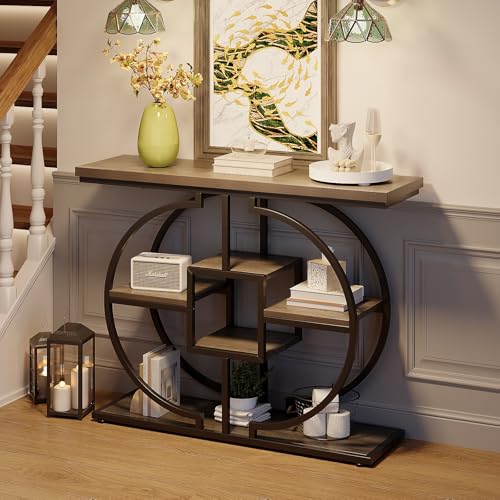 GiftGo Narrow Console Table for Entryway Industrial 4-Tier Sofa Table Behind Couch with Circle Base Rustic Wooden Accent Tables with Storage Shelves for Living Room, Hallway, Foyer (Grey) - color: Grey