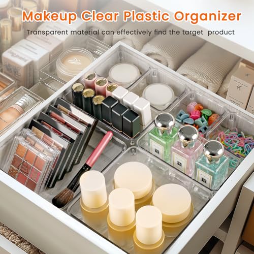 Criusia Drawer Organizer, 18 Pack Large Clear Plastic Kitchen Drawer Organizers Set, 6 Size Versatile Bathroom and Vanity Drawer Organizer Trays, Storage Bins for Makeup, Bedroom, Kitchen Utensils - size: 18PACK