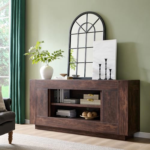 OKD Modern 70" TV Stand, Entertainment Center for TVs Up to 80", Media Console with Large Open Storage & Side Cabinets, Thick Wood Design for Living Room, Dark Walnut - color: Dark Walnut