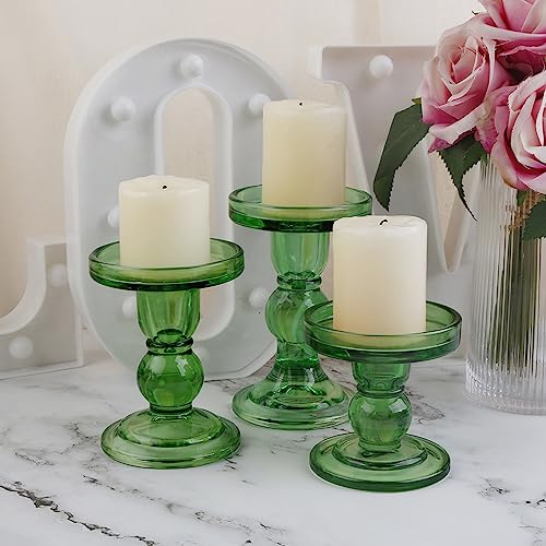 3-Piece Set of Green Glass Candlestick, Crystal Candlestick Holder Holder and Conical Candle, Christmas Candle Holder Decoration, Family Living Room Wedding Candle Holder (green1set) - color: Green