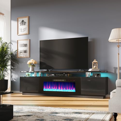 AMERLIFE Fireplace TV Stand with 40" Fireplace, 80" Modern Fireplace Entertainment Center LED Lights, 2 Tier TV Console Cabinet for TVs Up to 90", Obsidian Black - color: Black, size: 80"