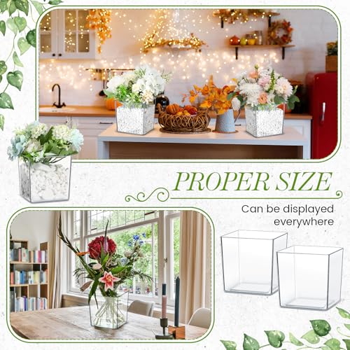 Tioncy 6 Pieces 6 x 6 Acrylic Square Vases for Centerpieces Clear Plastic Vase Cube Flower Vase Bulk for Wedding Centerpieces Home Office Floral Plant Succulent Pots Planters