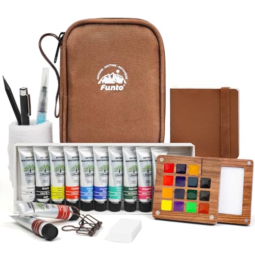 Funto Mini Watercolor Travel Set, 12-Color Refillable Travel Art Kit, All-in-One Mini Paint Supplies with Bag, Art Craft for All, Portable Water Color Paint for Beginners, lovers and Artists - color: 15-Wood