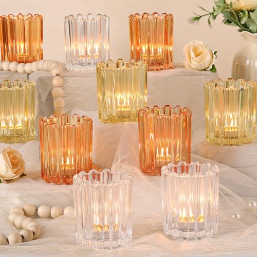 HAVITI Votive Candle Holder, Orange Ribbed Votive Candle Holders Set of 12, Mixed Color Tealight Candle Holder for Wedding Centerpieces Dinner Party Table Decor - color: Clear&orange&yellow