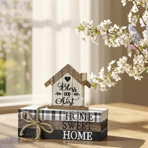 Smile Farmhouse Wooden Tabletop Decor Rustic Home Sweet Home Table Centerpiece, Block Sign Tiered Tray Decoration for Kitchen Shelves Desk Mantel - style: Sweet Home