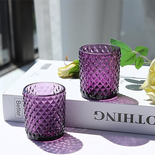 Woho 24pcs Purple Votive Candle Holders, Glass Tea Lights Candle Holder for Wedding Table Centerpiece, Studded Diamond Tealight Candle Holder for Tealight Candles/Votive Candles - color: Deep Purple