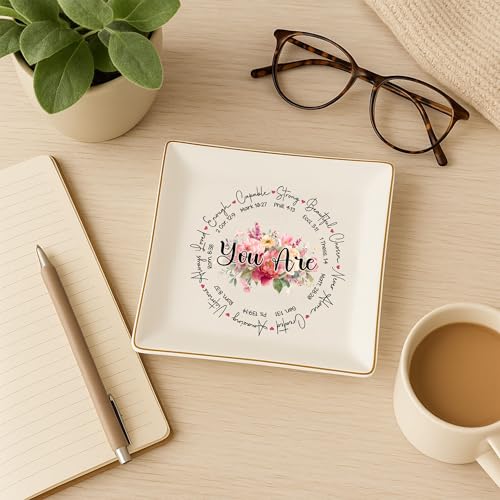 Christian Bible Verse Jewelry Dish Gift for Women, Faith 4" Ceramic Jewelry Tray, Christian Inspiration Gifts - Mother's Day, Birthday, Religious Gift - Communion, Confirmation Gifts for Teen Girls - color: You Are Round