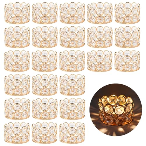 24 Pack Gold Metal Crystal Tea Light Candle Holders - 2.4"x1.6" Bulk Small Votive Candle Holders for Wedding, Home, Party Table Centerpiece Decorations