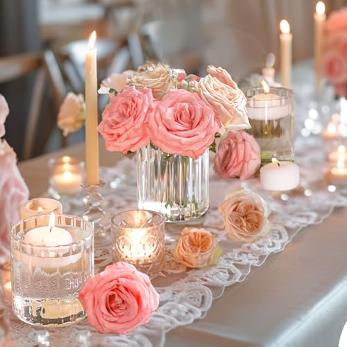 ComSaf 6pcs Mini Glass Cylinder Vases 3.9 Inch Tall, Small Vase for Flowers, Short Ribbed Vases for Centerpieces, Clear Hurricane Glass Candle Holders for Table Party Home Decor - size: 4 Inch Tall (Uniform)