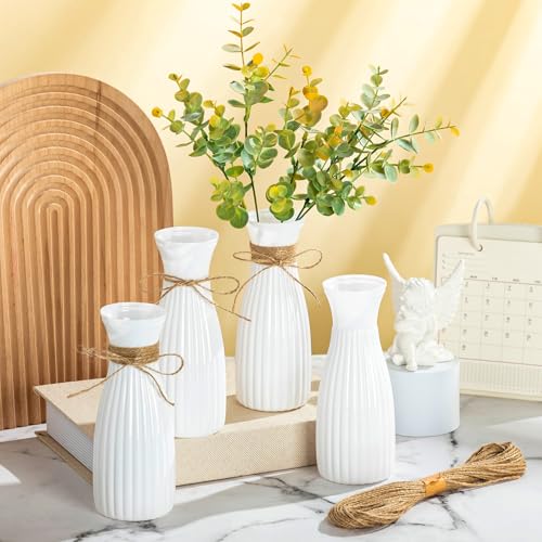 10 Pcs Plastic Flower Bud Vases Bulk with Twines Ropes Small Mini Flower Vases for Centerpieces Decorative Plastic Bottles for Wedding Reception Dining Table Home Decoration (White) - color: White