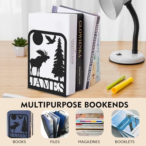 Custom Deer Metal Book Ends 2 Pcs, Forest Theme Bookends for Shelves Decorative, Heavy Duty Bookend Stopper, Deer Cabin Decor, Book Organizer for Desk, Black Book Holders for Home Office, Hunter Gifts - color: Color01 Deer