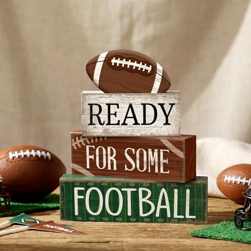 Yuntau 4pcs Football Christmas Table Decoration Happy Football Wooden Block Sign Rugby Tiered Tray Decor Centerpiece Decorative Faux Book Stack for Holiday Tabletop Fireplace Shelf Desk Party Decor - style: Classic Football