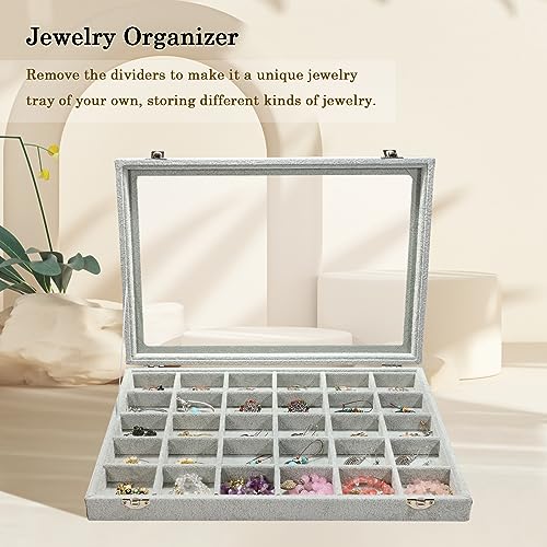 Stratalife Jewelry Organizer Jewelry Holder Storage Earring Organizer Box Tray with Lid Velvet Earring Display for Drawer 30 Grid Grey - color: Gray, size: 24 Grid
