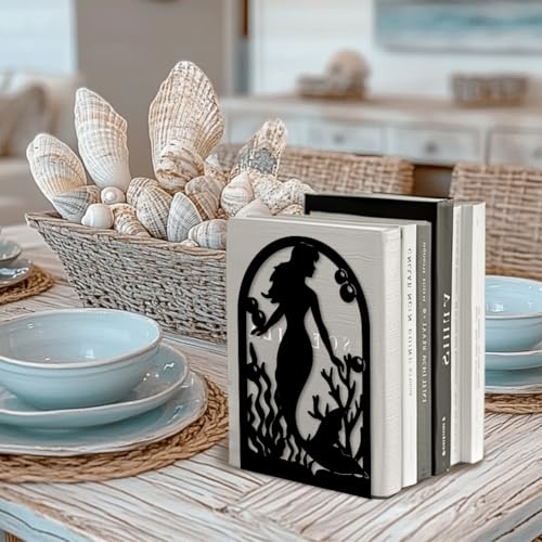 Peacoblue Metal Bookends for Shelves, Modern Decorative Heavy Duty Study Book Support Stoppers for Office, Desk, Shelf, Room 5.3"x4.3"x7.9" Cast Iron Simple Tall Bookends, 1 Pair (Mermaid) - style: Mermaid