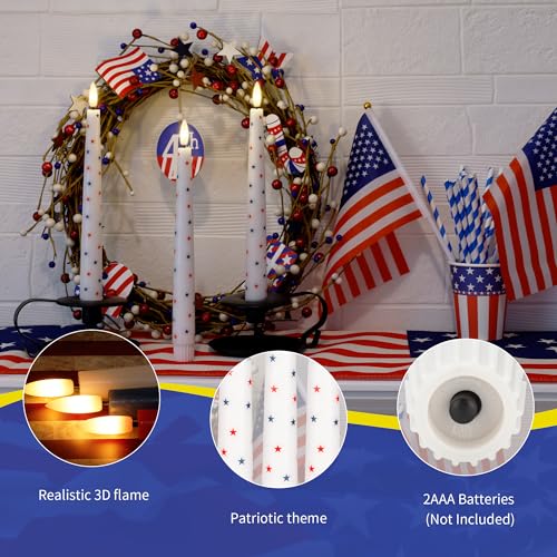 4th of July Candles, Flameless Taper Candles with Remote, 9.6" Red White and Blue Star Candles, Real Wax Flickering Independence Flameless Candles, Patriotic Candles, Battery Candles, Set of 3 - color: Patriotic White