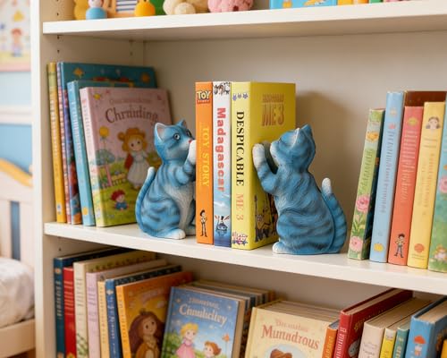Cute Cat Bookends for Shelves, Heavy Duty Bookends, Decorative Bookends for Kids Books, Non-Skid Design, Blue Cat Statue Enthusiasts Gifts - color: Blue