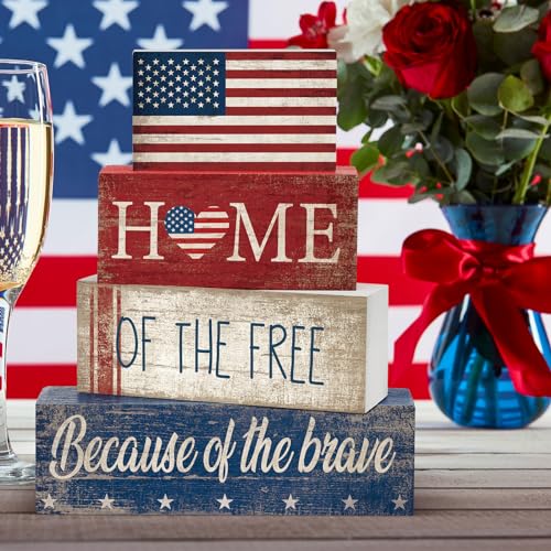 CroBlissful 4 Pcs Memorial Day Decorations Patriotic 4th of July Tabletop Decor Red White Blue Table Centerpieces Wood Block God Bless Sign for Tiered Tray Home Shelf Mantel - style: Flag