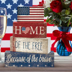 CroBlissful 4 Pcs Memorial Day Decorations Patriotic 4th of July Tabletop Decor Red White Blue Table Centerpieces Wood Block God Bless Sign for Tiered Tray Home Shelf Mantel - style: Flag
