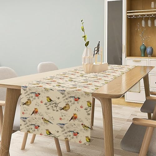 Retro Birds Floral Table Runner Colorful Cartoon Nature Birds Branches Printed Design Kitchen Dining Table Decoration for Home Party Decor Table Runners 13x36in - color: Beige-yellow, size: 13x36in