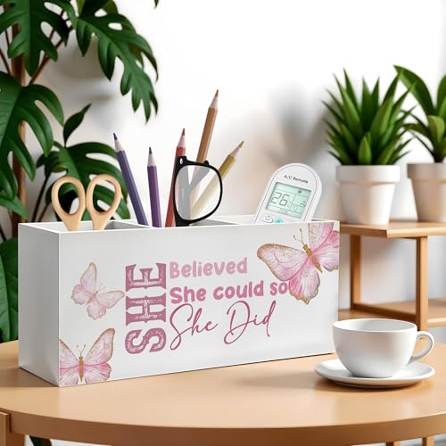 She Believed She Could Pencil Pen Holder for Desk, Inspirational Gifts for Women, Retro Coquette Butterfly Wooden Pencil Holder Organizer for Home Office Desk Accessories - color: Color-Desk accessories white 11