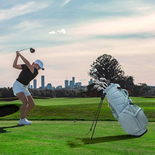 Luxury Womens Golf Bag, PU Leather Golf Stand Bag for Women/Ladies, 14-Way Full-Length Top Dividers, Ultra Lightweight, Large Pockets for Accessories - color: Powder Blue