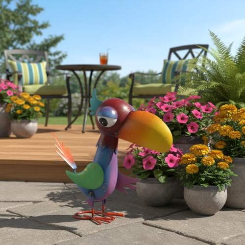 12'' Tall Metal Bird Garden Statue, Cheeky Metal Bird Sculpture Yard Art, Standing Bird Garden Decor for Outside, Lawn, Patio, Porch - color: Purple & Blue-bird