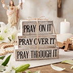 Yuntau 4 Pcs Farmhouse Wooden Tabletop Decor Bible Verse Tiered Tray Decorations Rustic Religious Christian Gift Block Sign Pray on It Centerpiece for Easter Home Kitchen Shelf Office Desk Decor - style: Pray