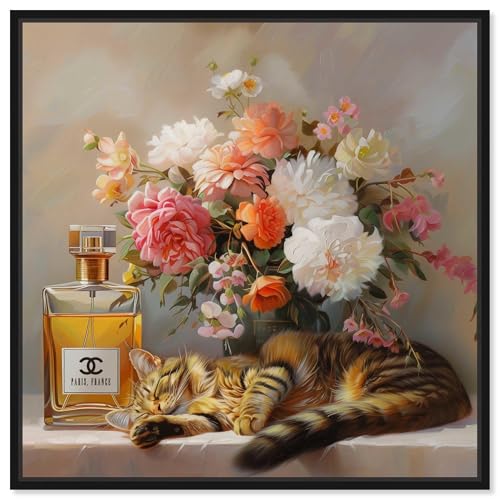 Art Remedy Cat Floral Vase Perfume Canvas Fashion Pet Art, Black Frame, 20" x 20" - color: Black Frame, size: 21"L x 21"W