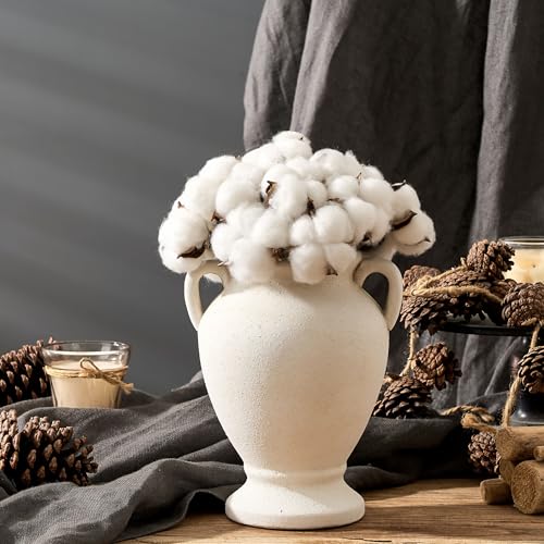 PORCER Ceramic Rustic Flower Vase with Handles, 8.46 Inch Tall Vintage Pottery Home Decor, Farmhouse Terracotta Vase for Living Room, Table, Shelf, Mantel Decoration, Farmhouse- White - color: White- 8.46"