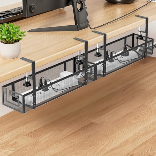 Under Desk Cable Management Tray, GZOKMOG No Drill Cable Management Under Desk, Heavy Duty Metal Cord Organizer, Home Office Wire Management for Gaming/Standing Desk, 2 Pack Black, 15.75 inch - color: Black-2 pack