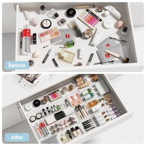 MIUOPUR Expandable Drawer Organizer, Width (10.6"-20.1") Depth (11"-20.1"), Clear Makeup Drawer Organizer with 6 Removable Dividers, Silverware Organizer, Great for kitchen and Bathroom Drawers - color: Clear