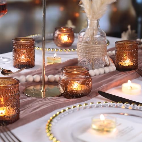 DARJEN 12Pcs Amber Votive Candle Holders - Vintage Glass Candle Holders for Flameless LED Tea Waxes, Tealight Candle Holder for Wedding & Home Table Decor, Vintage Parties (Pack of 2) - color: Amber, size: 12 PCS (Pack of 2)