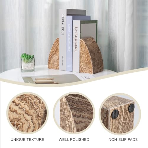 Koville Travertine Bookends for Shelves, Large Stone Bookends for Heavy Books, Non-Slip Heavy Duty Book Stopper for CD/Movies, Aesthetic Decorative Book Ends for Bookshelf Table Home Decor(Brown) - color: Sail-brown Travertine