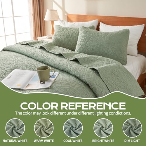 JYHOPE Olive Green Twin Quilt Set 68x90 Lightweight Microfabric Bedspread, 3-Piece Quilt Bedding with Pillow Shams, Summer Cooling Quilts, Ribbon Wrapped Gift - color: Flower Pattern-olive Green, size: Twin(68x90)