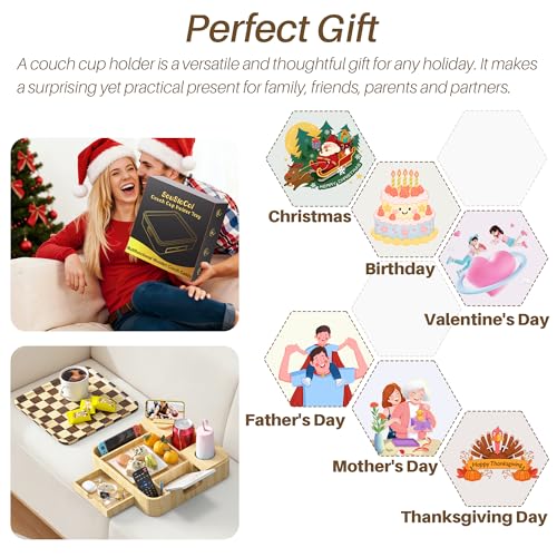 Couch Cup Holder, Checkered Couch Tray Cup Holder Sofa Tray, Large Capacity 2-Tier Wooden Trays with Drawer for Sofa, Bed, Picnic, Drinks, Remote, Cell Phone,TV Trays (Solid Pine Wood)12.5*12.5 in - color: Pine Wood + Checkered