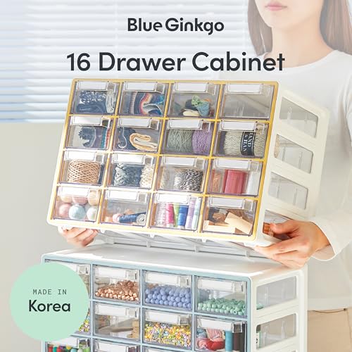 Blue Ginkgo Medium 16-Drawer Cabinet – Stackable Clear Organizer for Hardware, Beads, Plastic Bricks, Office, and Craft Storage (Made in Korea, Blue) - color: BLUE, size: 16 Drawer