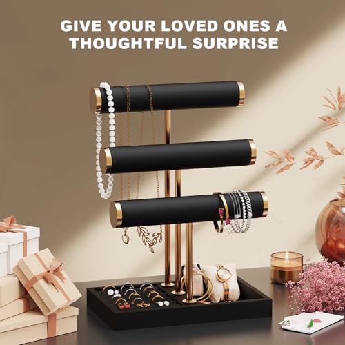 Abiglifty 3 Tier Necklace Holder Display, Jewelry Organizer, Jewelry Stand, Bracelet Display, Necklace Organizer, Bracelet holder, Jewelry Display for Necklace, Watches, Rings, Black - color: Black
