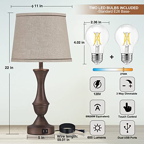 Luvkczc Touch Table Lamps Set of 2, 22" Tall Bedside Lamps with USB C+A Ports, Dimmable Table Lamp, Nightstand Lamps for Bedroom, Living Room, Office, Brown Lamps with Beige Lampshade, Bulbs Included - color: Brown, size: 22in