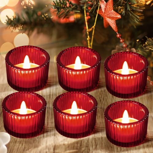 JOYIT Red Votive Candle Holders Bulk Set of 6, Tealight Candle Holder for Wedding Table Centerpiece, Glass Small Candle Holders for Birthday Party, Valentine's Day, Home Decor (2''X 1.4'') - color: Red