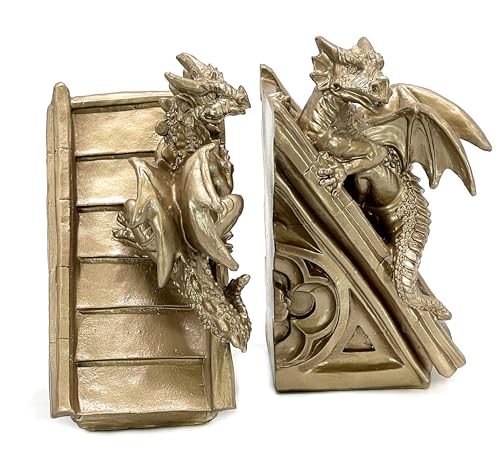 Bellaa 21503 Golden Dragon Bookends Vintage Fierce Gothic Medieval Castle Statues Sculpture Monster Book Ends Support Shelf Non Skid Heavy Duty 8 inch - color: Gold