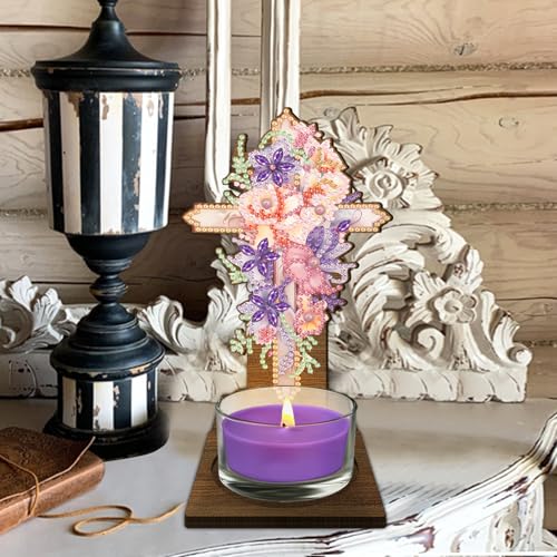 BAYUNOE DIY Candlestick Holders Wooden Desktop Diamond Art Painting Candle Holder Double-Sided Diamond Vintage Modern Decorative for Table Mantel Wedding Dinning Party-Flower Cross02 - color: Flower Cross02